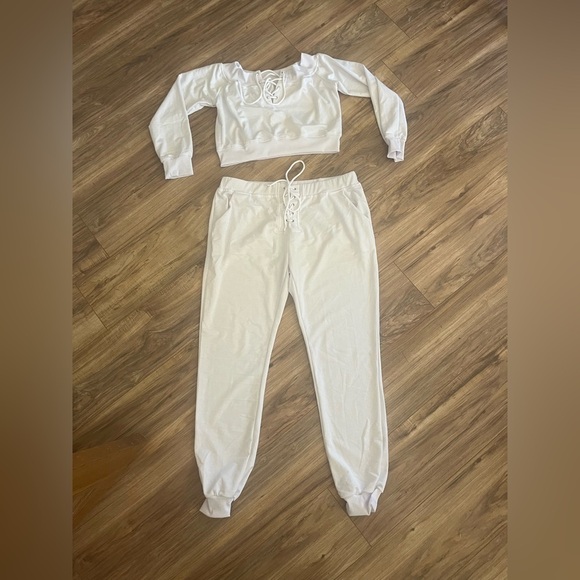Long Sleeve Two Piece Outfit Tracksuit Lace Up Off Shoulder Casual Sweatsuit - Picture 10 of 14